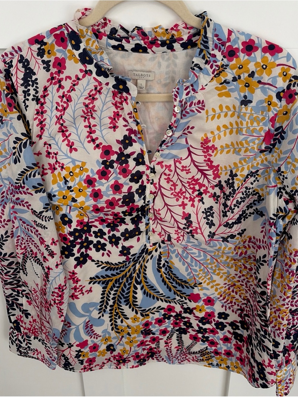 Talbots Floral Ruffle-Neck Tunic in White, Pink, Navy & Yellow